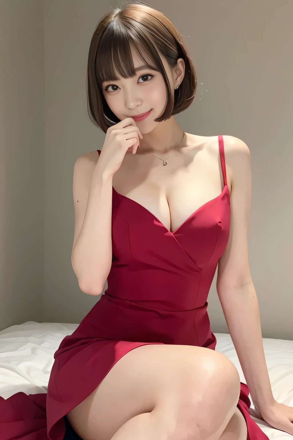 Upper class girl in elegant formal dress of random colors、Biting pose、Cunning Smile、Bobcut