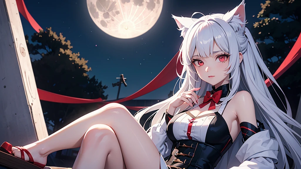 Anime Girls with white hair and red eyes sitting in front of a full moon, White cat lady, With eyes that glow red, Very Beautiful Anime Cat Girl, Red eyes glow, beautiful Anime cat girl, Anime cat girl, Holo is a wolf girl, Danganronpa digital art, (Anime Girls), Anime Girls with cat ears, Anime Style 4k