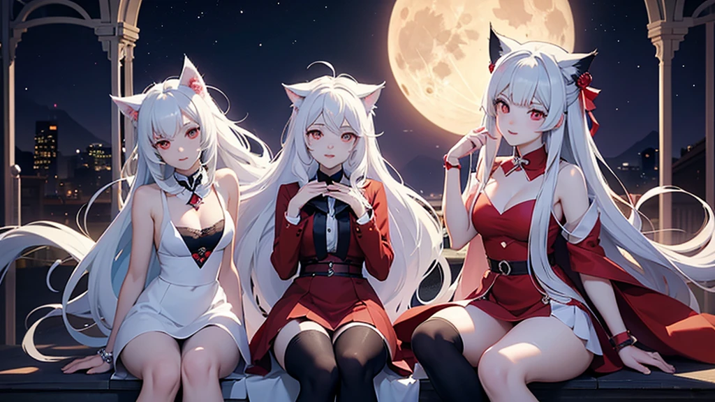 White woman vampire , fit, blond long thick wild hair , smiling , blushing , small snow leopard ears , red eyes , suductive smile , freckles, sexy pose , wearing a short skirt pussy out , bites her sister who has snow leopard ears and black hair
