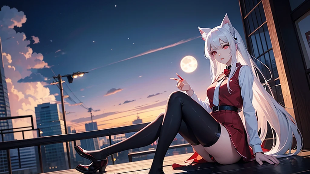 Anime Girls with white hair and red eyes sitting in front of a full moon, White cat lady, With eyes that glow red, Very Beautiful Anime Cat Girl, Red eyes glow, beautiful Anime cat girl, Anime cat girl, Holo is a wolf girl, Danganronpa digital art, (Anime Girls), Anime Girls with cat ears, Anime Style 4k