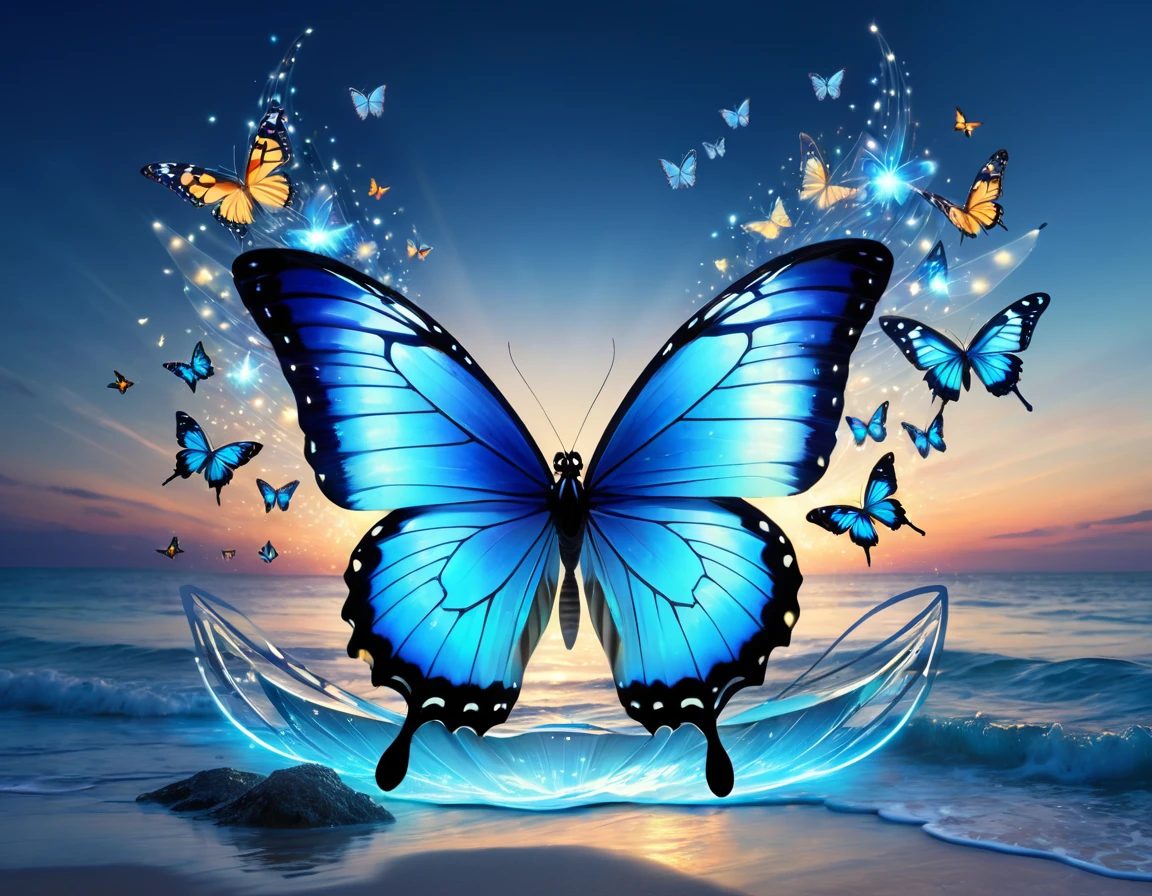 a blue Butterfly with a lot of Butterfly flying around it, Butterfly, Butterfly flying, glowing blue Butterfly, harmony of Butterfly, Butterfly, With beautiful wings, Exquisite and handsome wings, Butterfly wings, Butterfly floating in the sky, Butterfly lighting, Beauty spreads its wings, Transparent wings, sea Butterfly, glowing Butterfly, Butterfly and birds, Digital Art - w 0