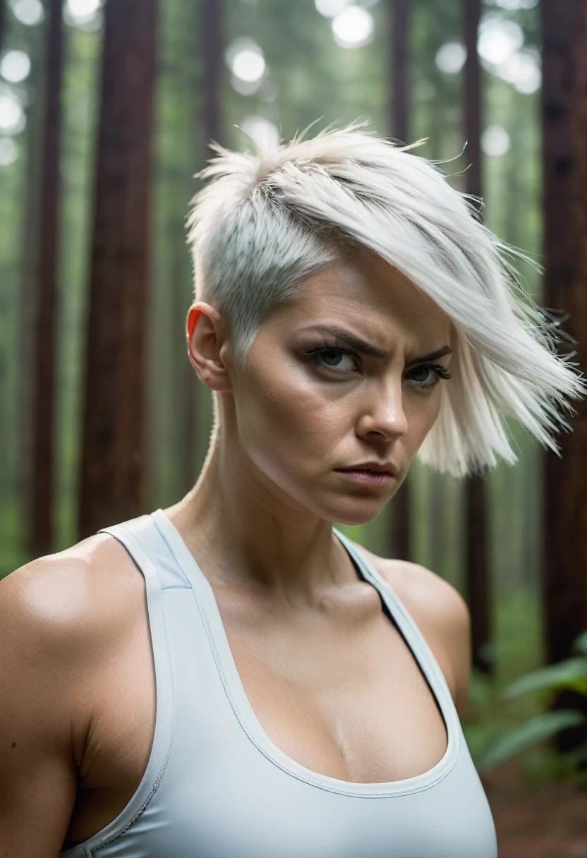 Nude, big , portrait of skswoman, angry , wearing activewear , with white Asymmetrical haircut , background forest epic (photo, studio lighting, hard light, sony a7, 50 mm, matte skin, pores, colors, hyperdetailed, hyperrealistic),
