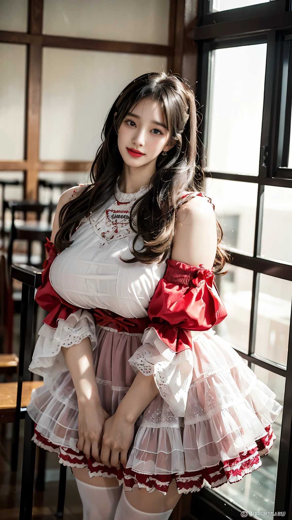 ((masterpiece:1.2、Highest quality、Tmasterpiece))、1 female、alone、classroom、Day、(Korean Idol:1.25)、(Are standing:1.4)、(Black Hair:1.2)、whole body、(Long, slender legs:1.2)、((Forehead:1.4))、Cute face、Medium Hair、Beautiful feet、break、((dress:1.4))、(Big Breasts:1.4)、(tights)、Hoop Earrings、corset、lipstick、(mini skirt:1.2)、blush、smile、(Covered breasts:1.2)、(Thick lips:1.2)、Detailed body、Very detailed絵画, Luminism、4K resolution、3D Rendering、Exquisitely crafted , Cinematic、Realistic、Hit definition、Abstract Beauty、Approaching perfection, Pure Form, Golden Ratio、Very detailed, Digital photography, Soft natural light, 50mm lens, f1.8 Vacancies、blush、Small face、Tight waist、cyb dress, lace-trimmed dress, layered dress, wide sleeves, bow