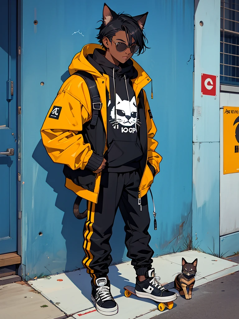 Gato art c4tt4stic, Gato preto de desenho animado com jaqueta com skate, oculos de sol,com jaqueta preta de couro,Cat standing with skateboard in oc paws* good illustration image of a Cat in a jacket with sunglasses with a skateboard