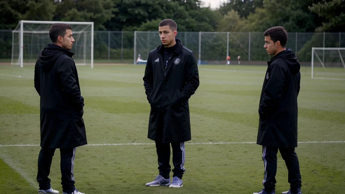eden hazard standing coaching young players, eden hazard coach, soccer coach, black coat pent