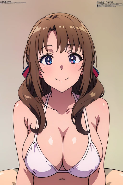 (anime cels style, megami magazine, poster style, best quality, high resolution, sharp image, 8k wallpaper, masterpiece), (beautiful detailed eyes, beautiful detailed face), Mamako, (brown hair, long hair, bangs, ribbon), blush, smile, (huge breasts), white bikini, (upper body, sitting), simple background, (perfect detailed anatomy, perfect detailed body, perfect arms, perfect fingers, shiny skin)