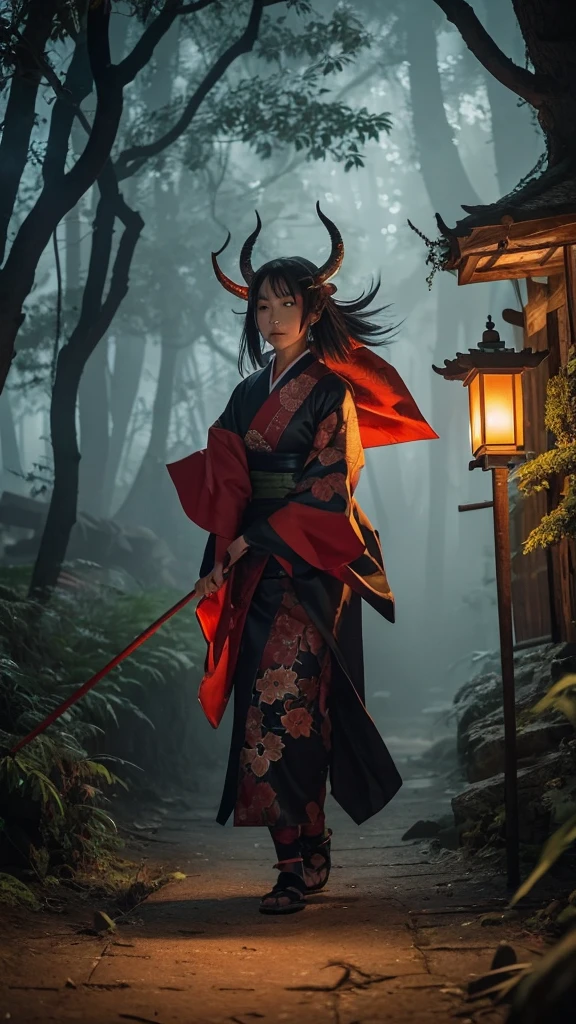 "A highly detailed and realistic depiction of Hyakki Yagyō, the Night Parade of One Hundred Demons from Japanese folklore. The scene is set in a dark, eerie night with a full moon illuminating the sky. Various yokai (Japanese spirits and demons) are marching through an ancient, misty forest. Each yokai is intricately designed with unique features, showcasing a mix of grotesque, mysterious, and fantastical elements. The environment is filled with shadows, old, gnarled trees, and traditional Japanese lanterns casting a dim, flickering light. The atmosphere is haunting, ominous, and heavy with a sense of impending danger, capturing the essence of ancient Japanese mythology.
In the foreground, Nurarihyon, the supreme commander of the yokai, is leading the parade, wearing a luxurious yet eerie kimono and carrying a fan with an unsettling pattern. His expression is calm but menacing. Behind him, the Tengu, with their red faces and long noses, are flying through the air with their large, feathered wings, creating an unsettling rustling sound.
A group of Kappa, turtle-like water demons, are lurking near a stream, their eyes glowing with a sinister light in the darkness. The Rokurokubi, women with elongated necks, are twisting and turning as they move, their eyes wide with a malevolent gleam. The Jorogumo, a spider woman, is spinning her web between the trees, her lower body that of a giant spider, her eyes glinting with malice.
An Oni, a large, fearsome ogre with red skin and horns, is stomping through the forest, carrying a massive club, its growls echoing through the trees. In the background, the forest is filled with Hitodama, floating blue and green will-o'-the-wisps, their eerie light adding to the otherworldly atmosphere. The ground is covered in fallen leaves and the twisted roots of ancient trees, with wisps of fog drifting through the scene.
Traditional Japanese houses with tiled