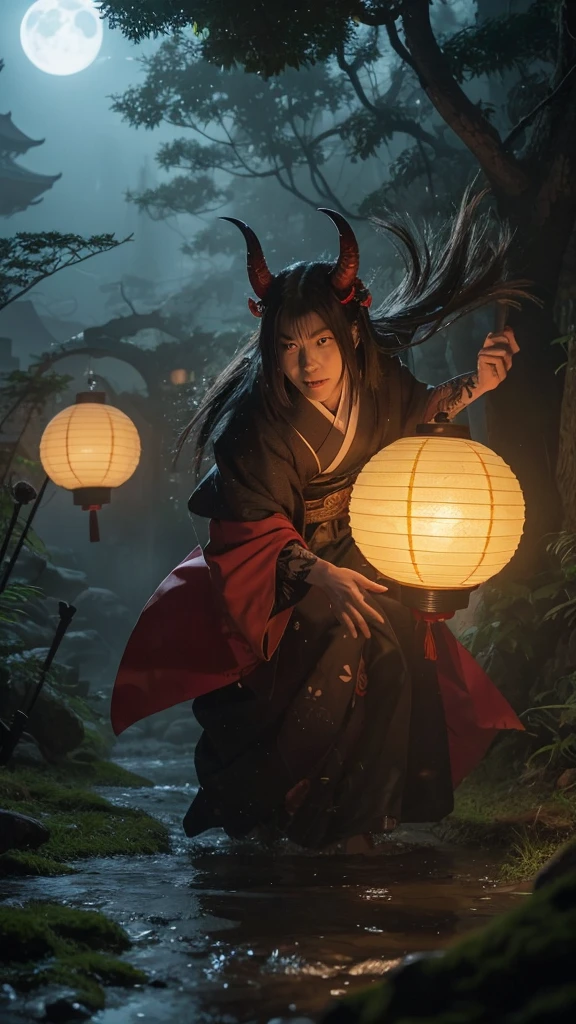 
"A highly detailed and realistic depiction of Hyakki Yagyō, the Night Parade of One Hundred Demons from Japanese folklore. The scene is set in a dark, eerie night with a full moon illuminating the sky. Various yokai (Japanese spirits and demons) are marching through an ancient, misty forest. Each yokai is intricately designed with unique features, showcasing a mix of grotesque, mysterious, and fantastical elements. The environment is filled with shadows, old, gnarled trees, and traditional Japanese lanterns casting a dim, flickering light. The atmosphere is haunting, ominous, and heavy with a sense of impending danger, capturing the essence of ancient Japanese mythology.

In the foreground, Nurarihyon, the supreme commander of the yokai, is leading the parade, wearing a luxurious yet eerie kimono and carrying a fan with an unsettling pattern. His expression is calm but menacing. Behind him, the Tengu, with their red faces and long noses, are flying through the air with their large, feathered wings, creating an unsettling rustling sound.

A group of Kappa, turtle-like water demons, are lurking near a stream, their eyes glowing with a sinister light in the darkness. The Rokurokubi, women with elongated necks, are twisting and turning as they move, their eyes wide with a malevolent gleam. The Jorogumo, a spider woman, is spinning her web between the trees, her lower body that of a giant spider, her eyes glinting with malice.

An Oni, a large, fearsome ogre with red skin and horns, is stomping through the forest, carrying a massive club, its growls echoing through the trees. In the background, the forest is filled with Hitodama, floating blue and green will-o'-the-wisps, their eerie light adding to the otherworldly atmosphere. The ground is covered in fallen leaves and the twisted roots of ancient trees, with wisps of fog drifting through the scene.

Traditional Japanese houses with tiled