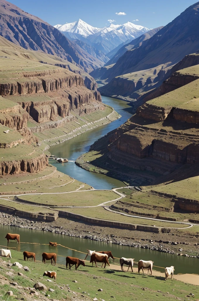 A picture people are working in hilly terrains, cattles grazing besides a river at down, picture like camera captured