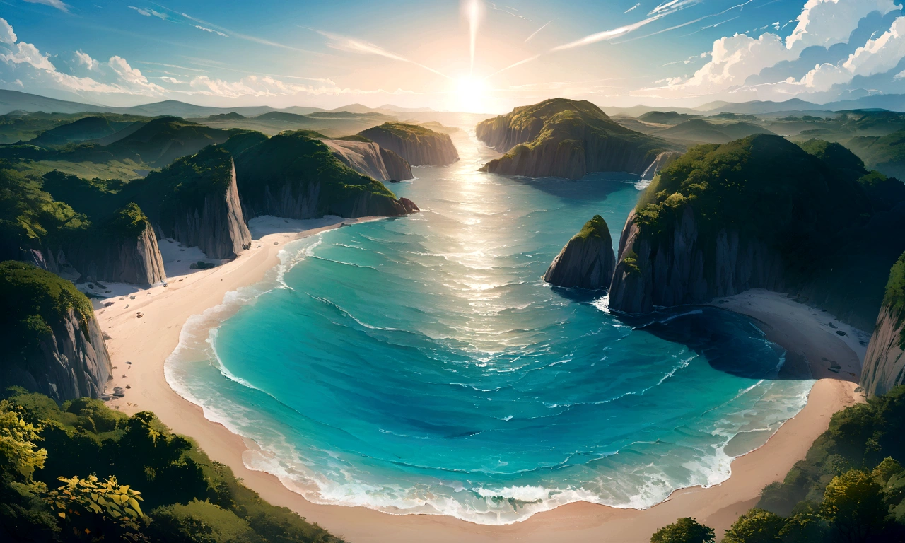 ((((masterpiece, Best Quality, High resolution)))), High detail, manga,anime,Illustrated style,Ghibli Studio,Use of bright colors,An empty beach,Realistic nature, Beautiful sea,blue sea,Lots of rocks, Rocky beach,There are no fish or animals,A beach where you can fish,Daytime,beach,Beautiful Water,Sparkling water gushes out in the sunlight., Large space, There is no one,No buildings, The sky is bright blue、There are only a few white clouds floating, And the sun is shining brightly,