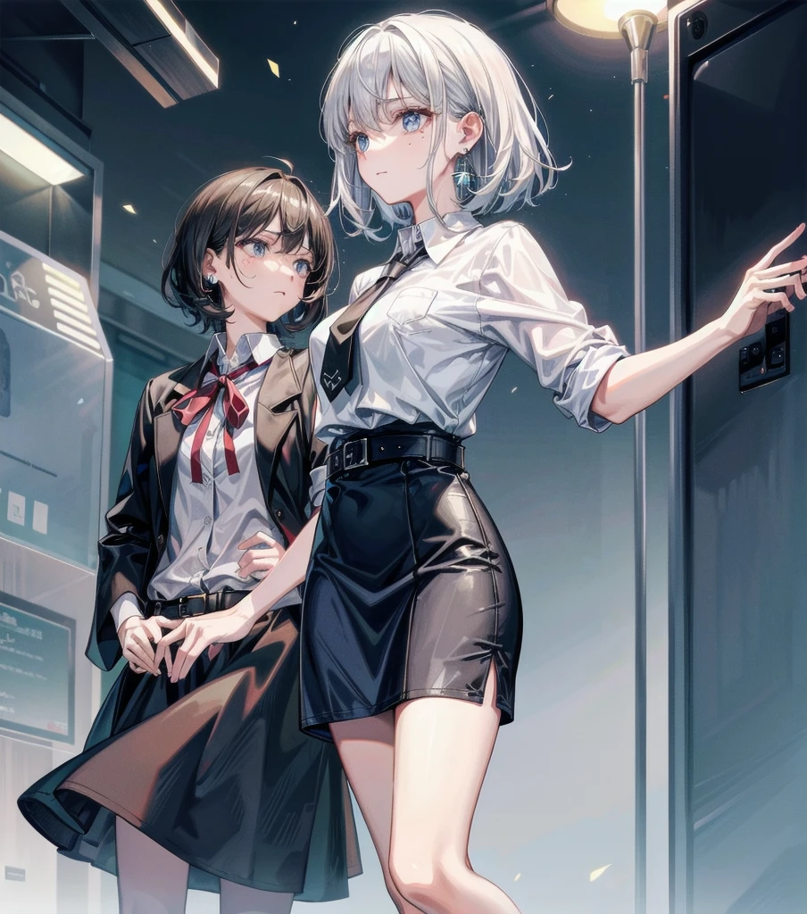 whole body, medium hair, medium tits, tearful mole, earring, collared shirt dress,
