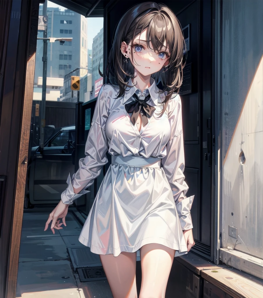 whole body, medium hair, medium tits, tearful mole, earring, collared shirt dress,