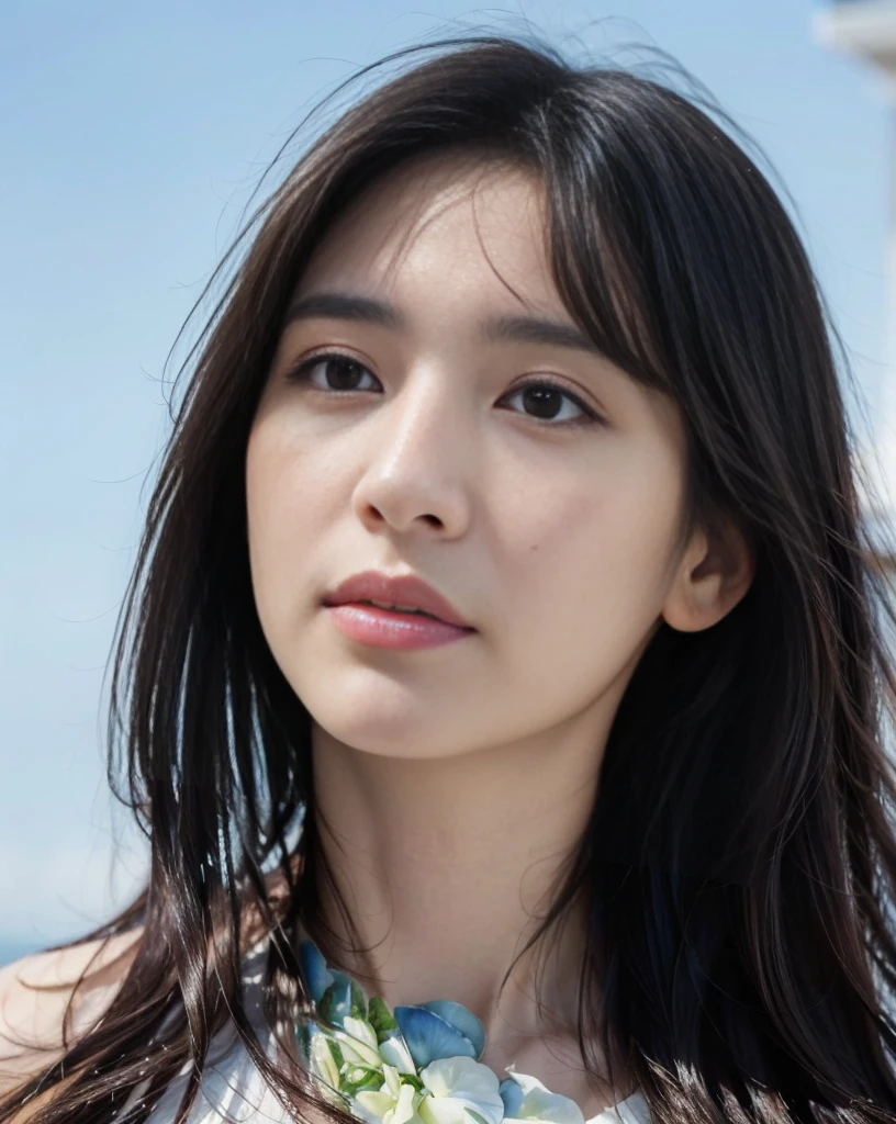 (best quality,masterpiece:1.2,realistic,photorealistic:1.37),
, beauty detailed face, beautiful black hair, perfect nose, 
a close up of a woman with long hair and a white shirt in blue sky, headshot profile picture, nice body, 