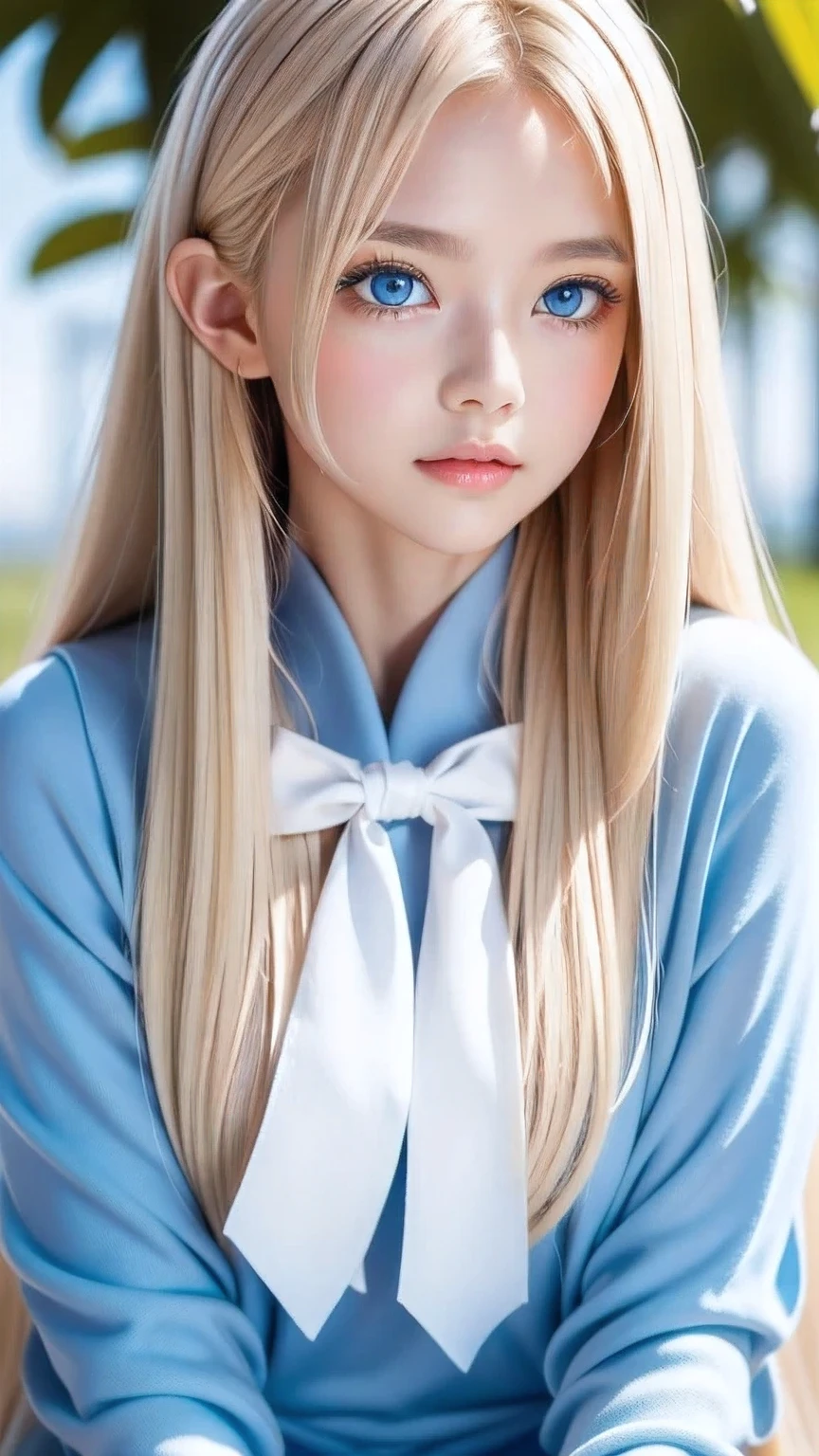 Beautiful girl with a pretty face、beautiful blonde straight super long hair、Half Body Shot、Beautiful long bangs hanging over the face、Very beautiful, bright, pale sky blue eyes、Very big eyes、Blonde hair between the eyes、Round face、Blonde hair above the eyes、片Blonde hair above the eyes、、Sailor suit、Very white and young skin、Cheek gloss、Cheek highlighter、Small Face Beauty