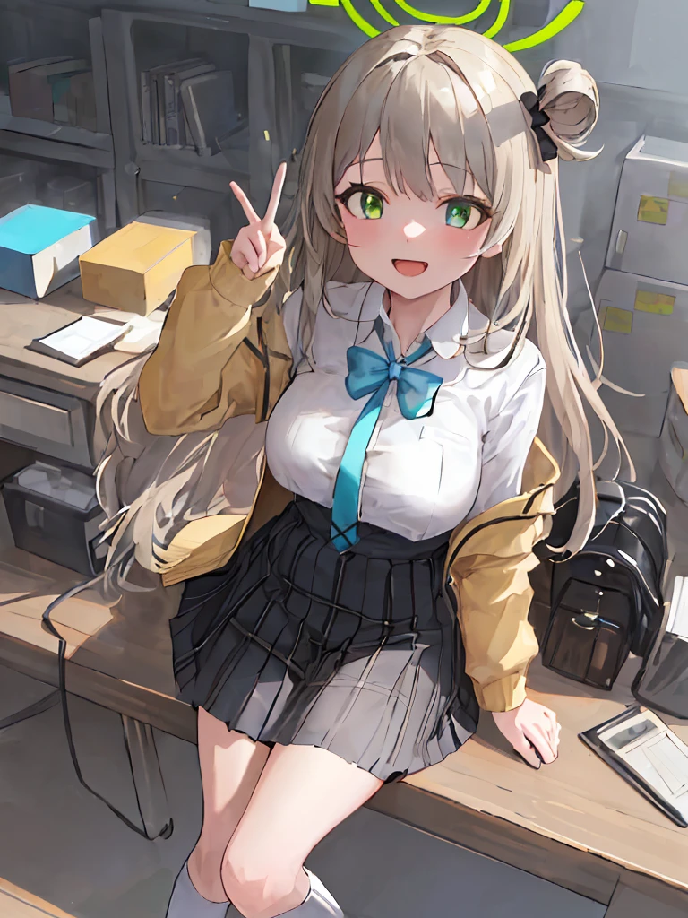 (masterpiece:1.2), best quality, highres, original, (extremely detailed:1.2), ultra-detailed, wallpaper, perfect lighting,(extremely detailed CG:1.2), 8k, anime illustration, 1girl, solo, nonomi \(blue archive\), (open the mouth, laughing, happy:1.2), school uniform, plaid skirt, (peace sign:1.1), close-up, standing, (anatomically correct:1.4)