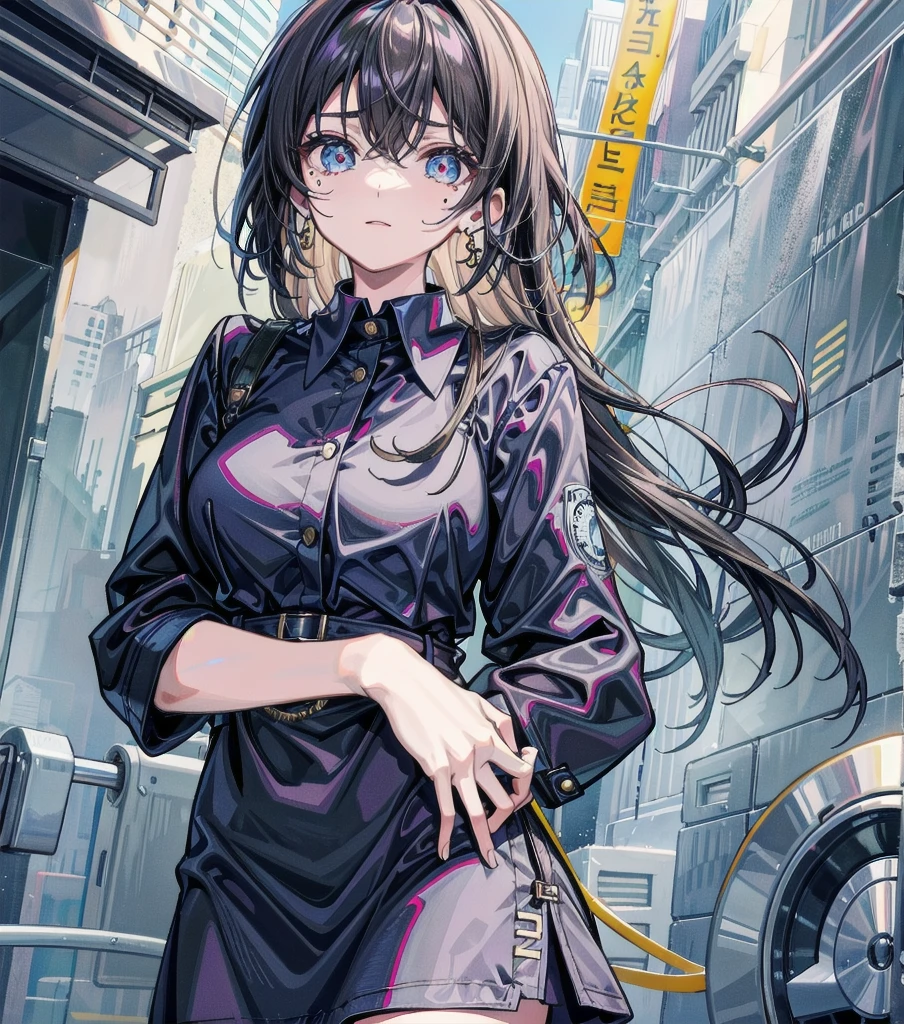 whole body, medium hair, medium tits, tearful mole, earring, collared shirt dress,