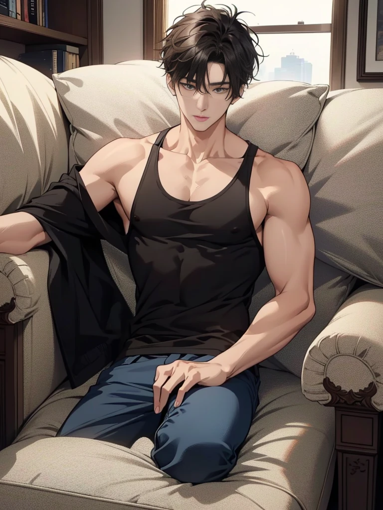 Best quality, High quality, A high resolution, 4K, Masterpiece, detailed face, handsome 29 year old korean man, tank top, he is now at home, full body