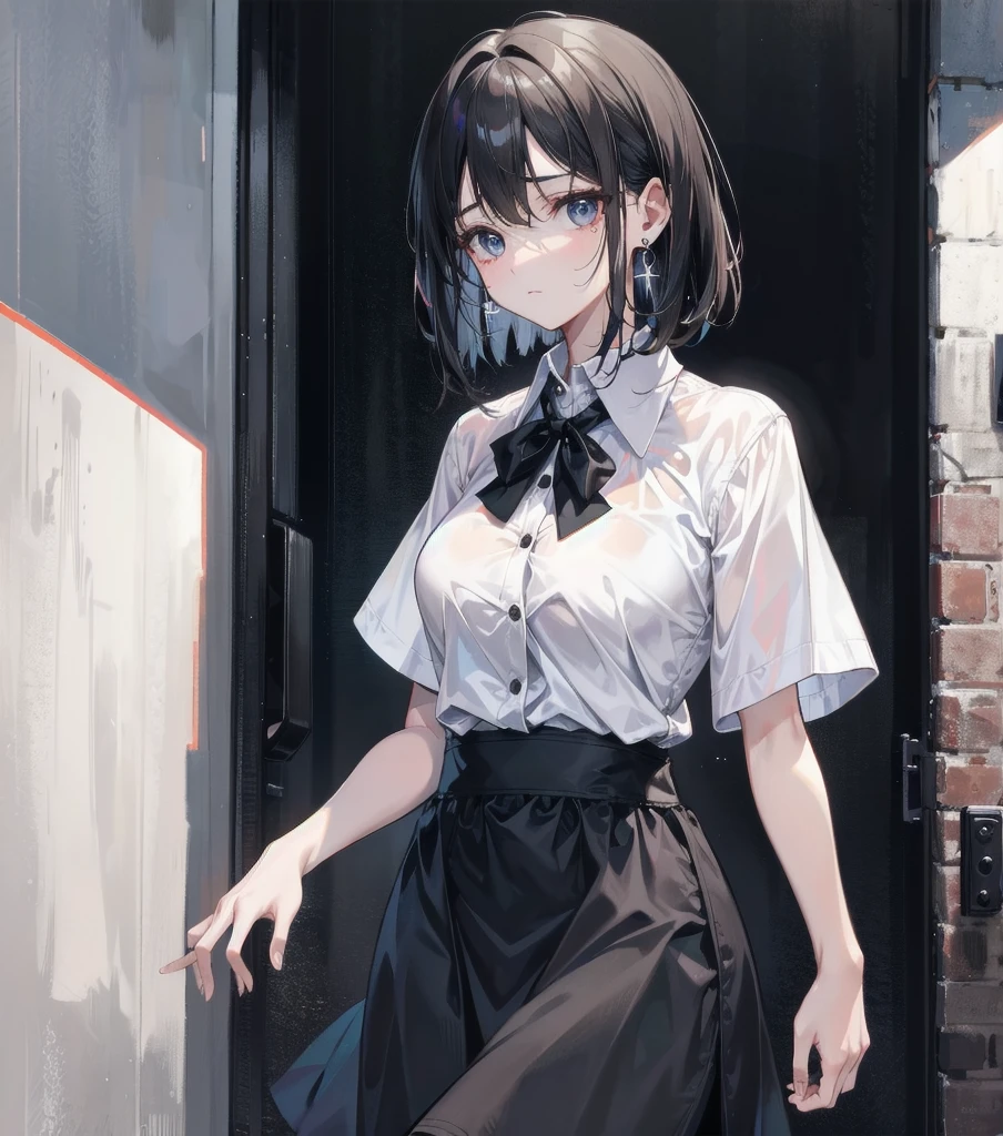 whole body, medium hair, medium tits, tearful mole, earring, collared shirt dress,