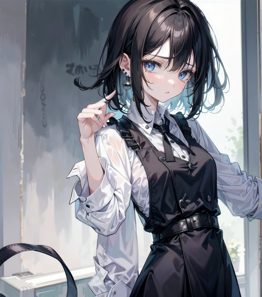 whole body, medium hair, medium tits, tearful mole, earring, collared shirt dress,