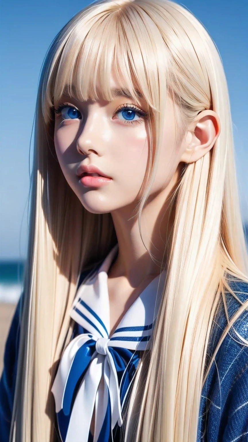 Beautiful girl with a pretty face、beautiful blonde straight super long hair、Half Body Shot、Beautiful long bangs hanging over the face、Very beautiful, bright, pale sky blue eyes、Very big eyes、Blonde hair between the eyes、Round face、Blonde hair above the eyes、片Blonde hair above the eyes、、Sailor suit、Very white and young skin、Cheek gloss、Cheek highlighter、Small Face Beauty