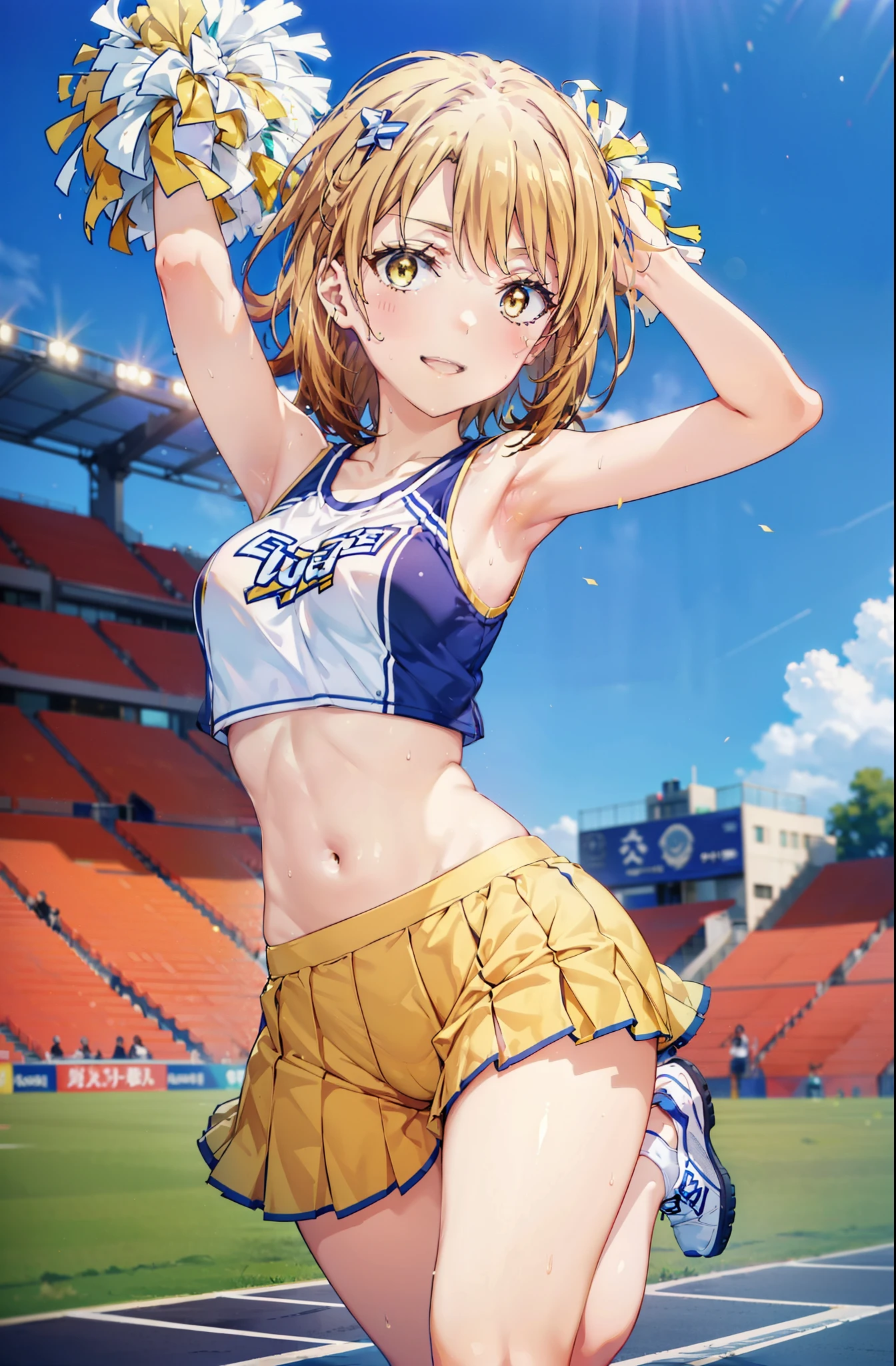 irohaisshiki, iroha isshiki, short hair, brown hair, (Brown eyes:1.5), smile,happy smile, smile, Open your mouth,(cheer leading), (whole body), Big Breasts, Lower, (Sweaty), Sweaty Wet Clothes, (Yellow clothes),No sleeve,Yellow pleated skirt,sneakers , Belly button support, playground, (Jump), (Jump), 足を曲げてJumpする, air, blue sky, Grass原, smile
チアリーダー, Pom-pom \(cheer leading\), Grass, smile, whole bodyがイラストに入るように,
break outdoors,Stadium,
break looking at viewer,whole body,
break (masterpiece:1.2), Highest quality, High resolution, unity 8k wallpaper, (shape:0.8), (Fine and beautiful eyes:1.6), Highly detailed face, Perfect lighting, Highly detailed CG, (Perfect hands, Perfect Anatomy),