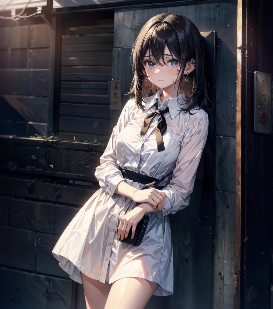whole body, medium hair, medium tits, tearful mole, earring, collared shirt dress,