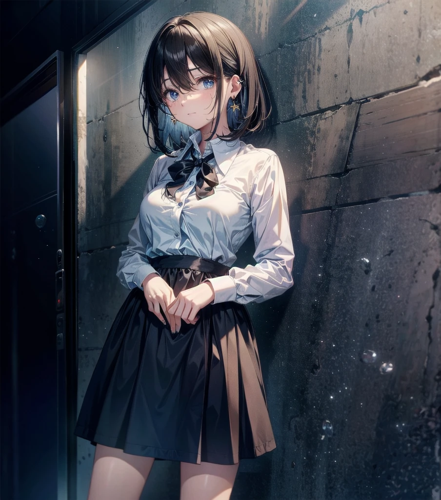 whole body, medium hair, medium tits, tearful mole, earring, collared shirt dress,