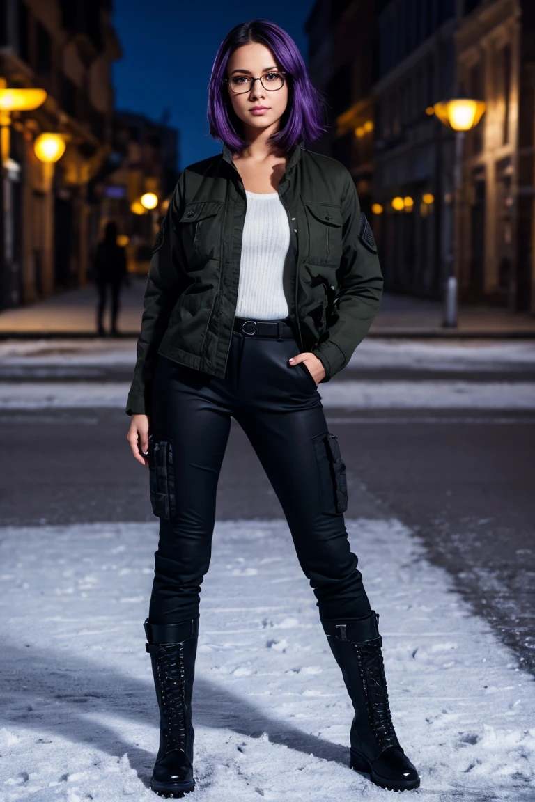 ((best quality)), ((masterpiece)), (detailed), perfect face, 1 girl, purple hair, blue beautiful eyes, tactical gear, military, black military pants, black military boots, black military jacket, military amor, city. Night, winter, glasses, (real、photorealistic、photorealistic: 1.37) soft lighting、roma、subtle shadow、intense colors、enchantingly illuminated、high contrast, full body