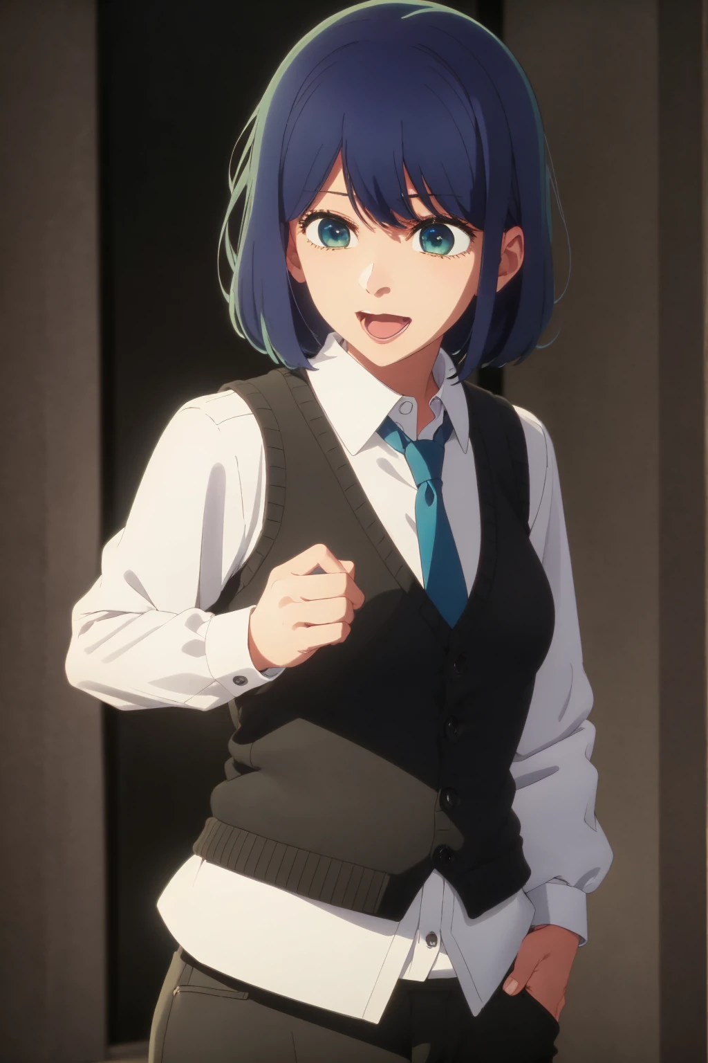 Beautiful lighting, One Girl, solo, Akane, White shirt, Sweater vest, Black vest, Blue tie, ((Anime Style))、((2D))、Laughter、Open your mouth