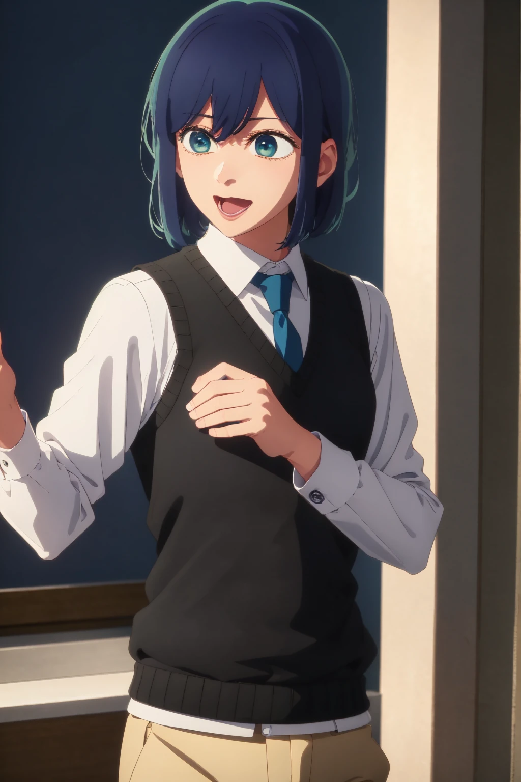 Beautiful lighting, One Girl, solo, Akane, White shirt, Sweater vest, Black vest, Blue tie, ((Anime Style))、((2D))、Laughter、Open your mouth