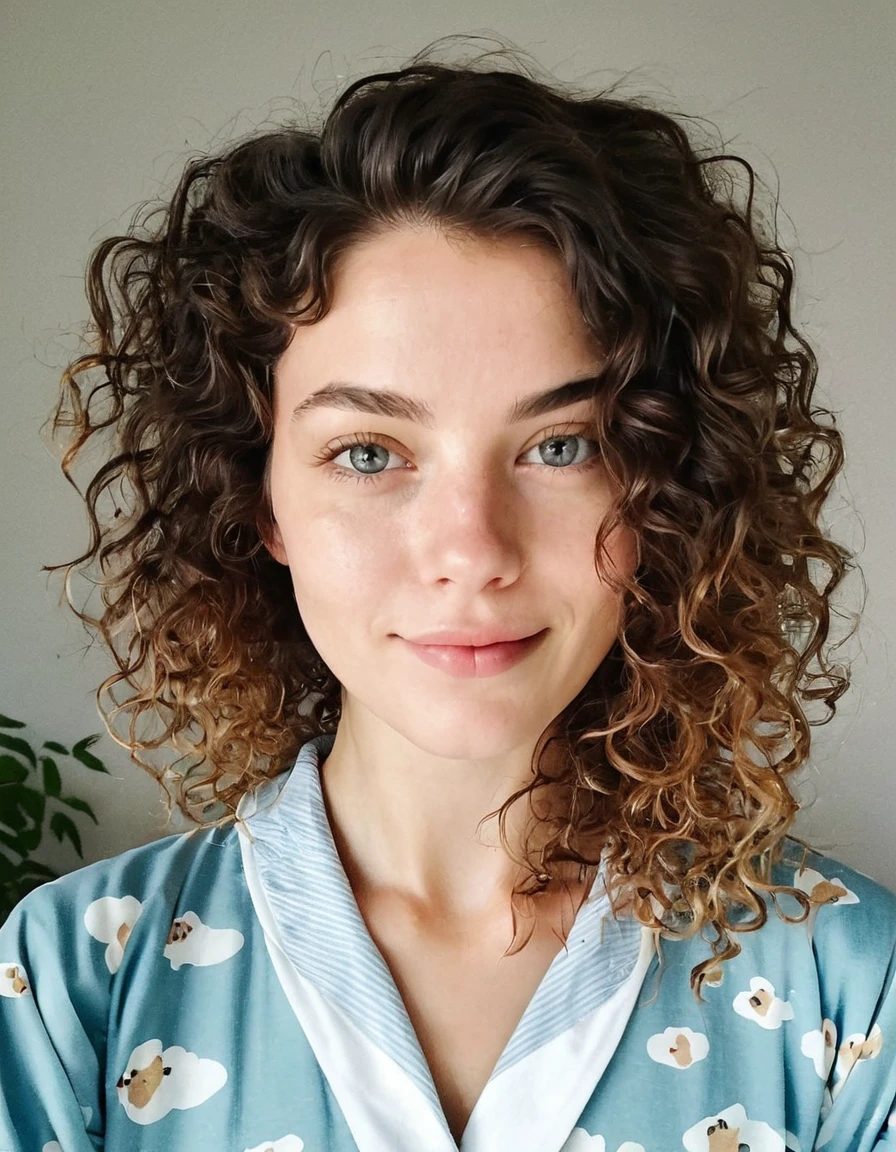 selfie instagram , une femme magnifique de 23 ans , slight smile , detailed face and eyes , natural lighting , At home , cheveux longs, porter un joli pyjama , grain de film, faible contraste, visage naturel , taches de rousseur , cheveux noirs , yeux bleus, cernes sous les yeux