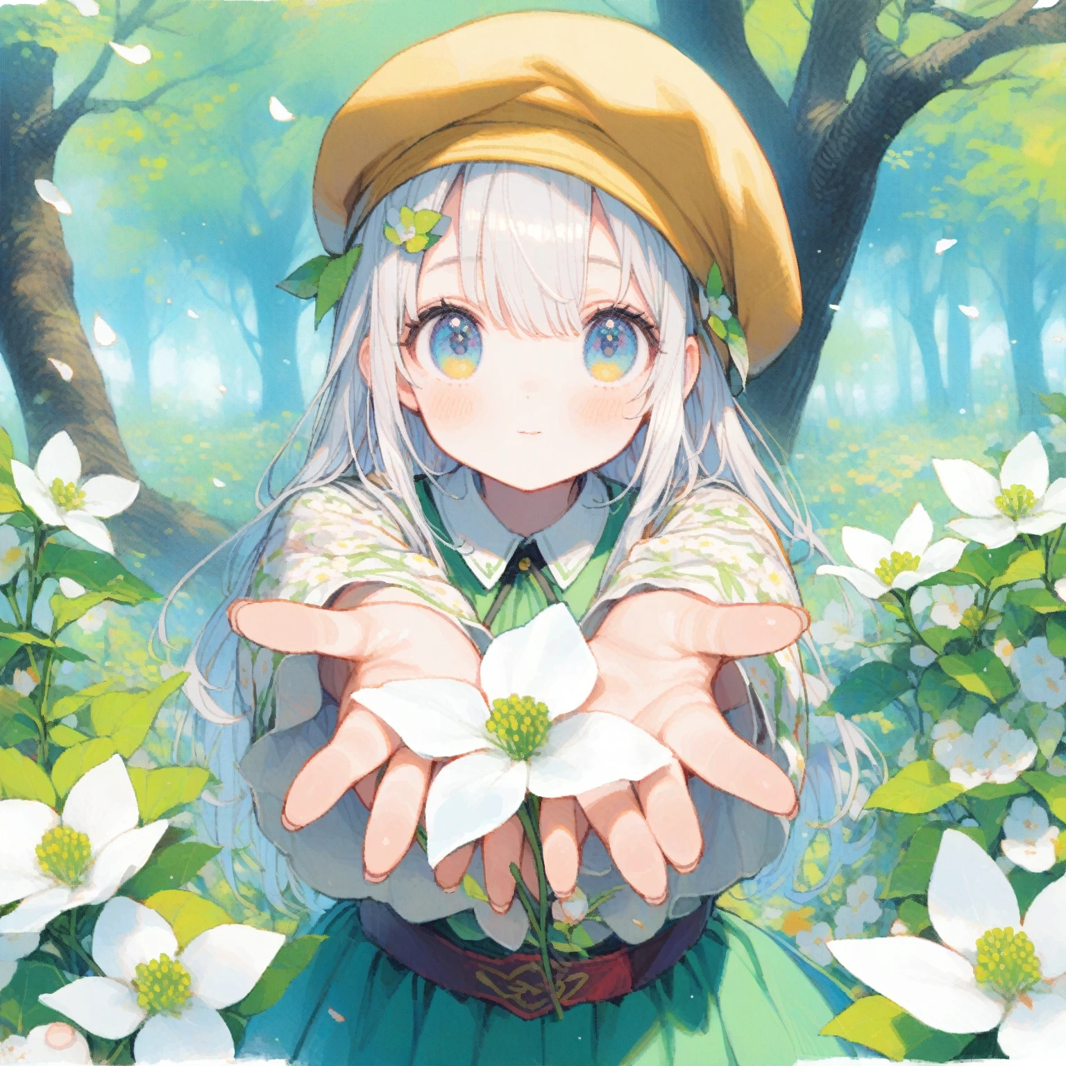 1girl、White Cornus kousa、Each flower has only four white petals.、In the forest of dogwoods、Hold your hand out towards the screen、Green clothes、White Hair、Yellow Beret、「Friendship」、Japanese dogwood、tegaki