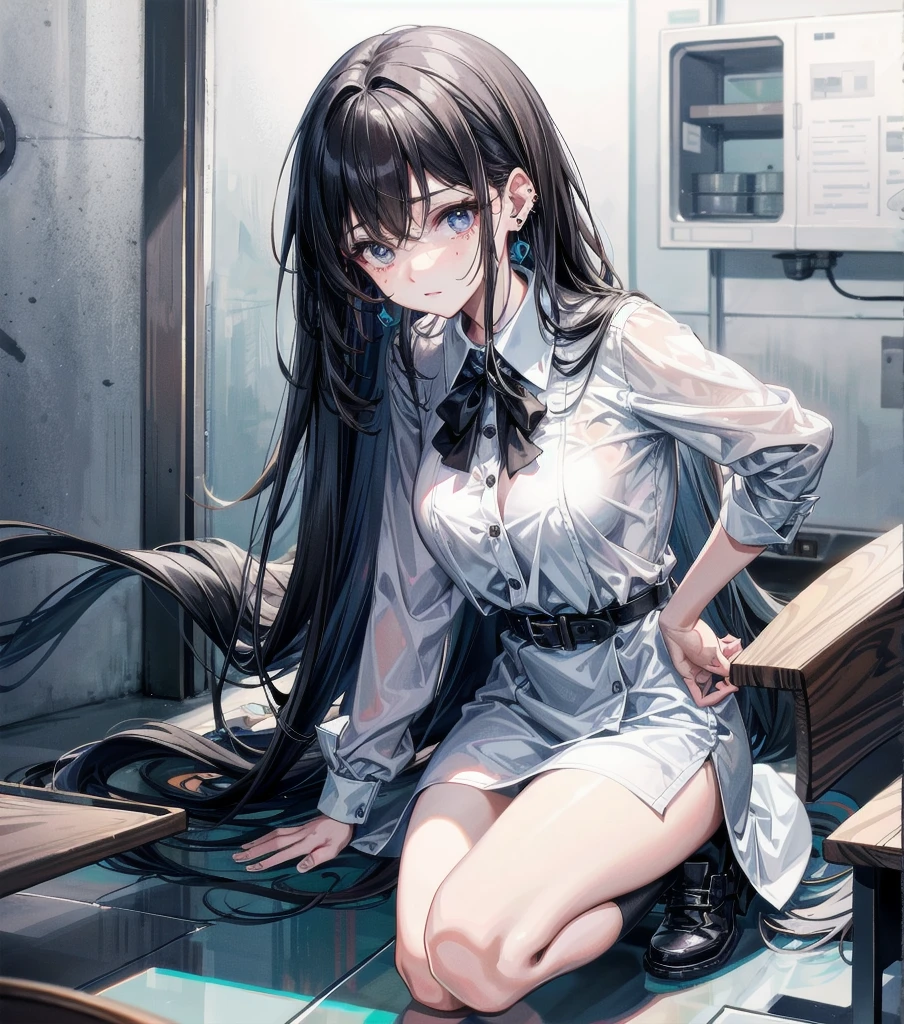 whole body, medium hair, medium tits, tearful mole, earring, collared shirt dress,