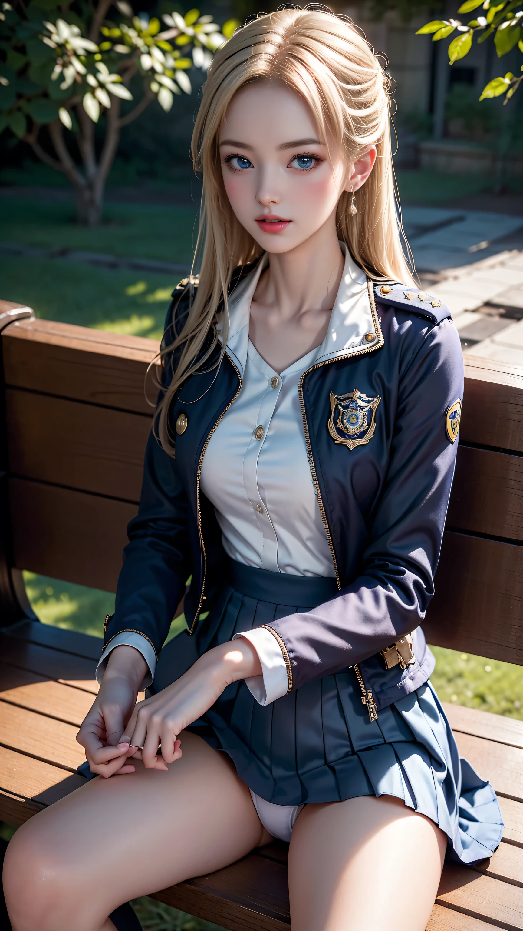 ((Policewoman sitting on a park bench)),Highest quality work,Live-action work,Ultra Premium Graphics,8K HD CG Works,High Quality Graphics,High-definition CG works,10x pixels,Ultra-fine detail:1.1,High level of technical detail:1.1 Photorealistic,Natural light:1.5. Lighting Effects(Virtual Lighting Effects:1. 8)、(Golden White Shorthair)、(Bob Hair)、Thin eyebrows、High nose、Nice red lips、Rose Cheek、Casual makeup face、Cute Face、Perfectly balanced face、Light-toned foundation。 A foundation that enhances the transparency of your skin。 ((female officer:1.5)),((Navy blue jacket with emblem on chest)),((Semi-transparent light blue blouse)),((Navy blue tight skirt))。40k, photograph, On the table, Highest quality, Rain Background, ((1.A girl with beautiful eyes and light hair, White skin, Mr.A Pose.((Medium chest::1.1)), Highest quality, On the table, Ultra-high resolution, (Real::1.4), RAWphotograph, (Perfect figure), (slim::1. 3), Slim abdomen, Perfect slim figure, Dynamic Pose, One person, Cold light 12000K, Fine face and skin texture, Fine grain, Realistic eyes, Beautiful fine grain, (real skin), charm, Ultra-high resolution, Surreal, Very fine,Long legs、High heels、(Smile)、(I see white panties、