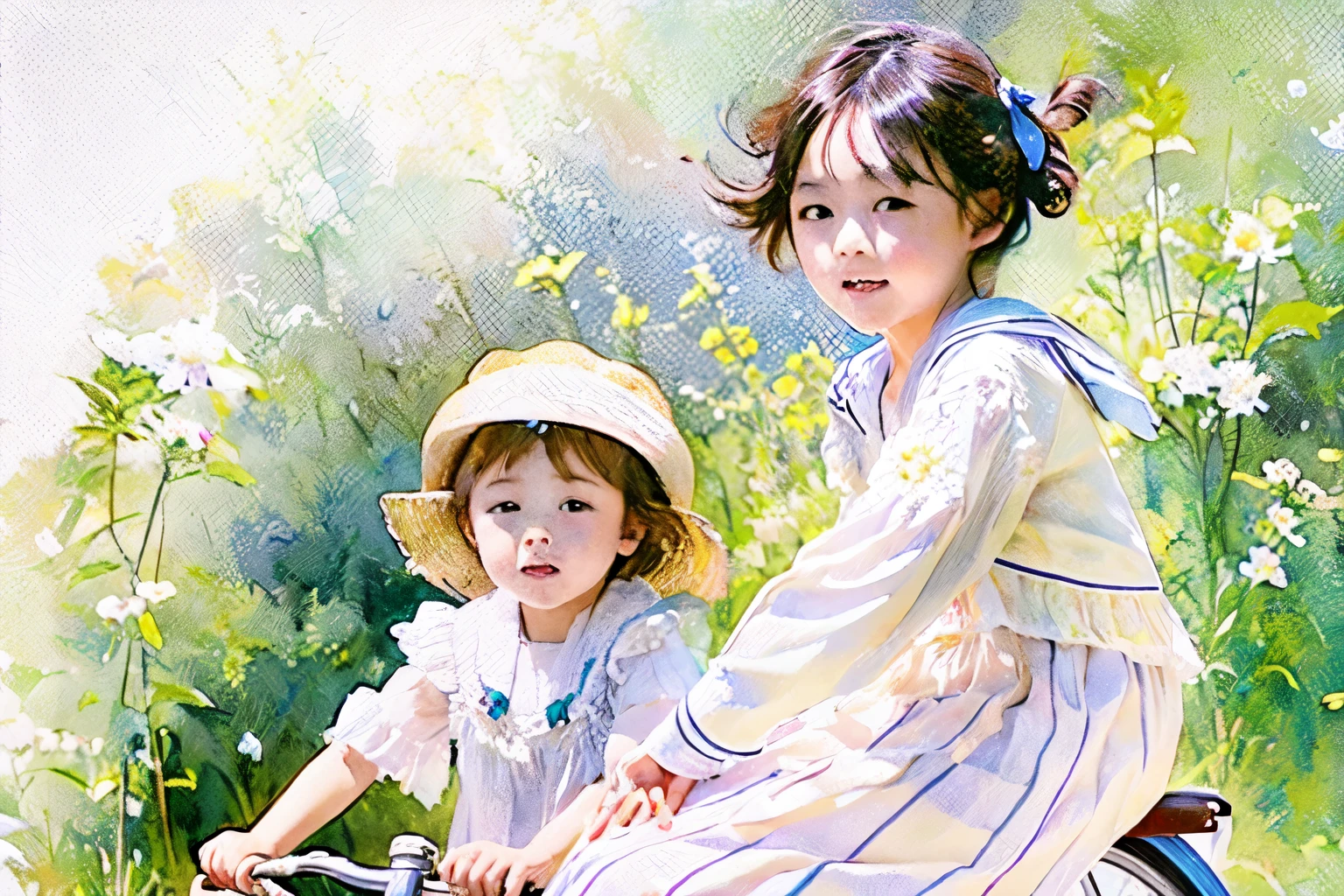 (Highest quality、masterpiece)、(5  girl riding a bicycle)、(Assisting Dad:1.2)、(Children's bicycles、whole)、(From the side)、(Cute face)、short hair、White clothes、shoes、(No background)、White Background、Blur the background、(Watercolor of singer Sargent)、Impressionist style painting、