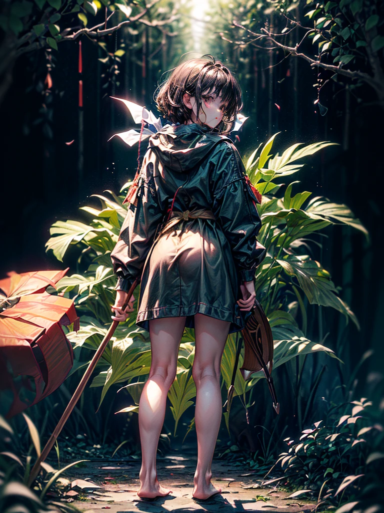  ((((((Obsidian Forest) Dark forest clear background, basic lighting), 1girl, standing, bow and quiver, face not featured, athletic build, ((basic costume:1)), green highlights, brown hair, (mainly brown outfit), bare feet, substancearity:1.1, weathering:1.2, Become and integrated with the environment:0.8)), medium body, standing, facing forward, (plants surrounding), (bosom, rearview), showing interaction between subject and environment:1, taking up space, 20 years old, head slightly tilted, bow and quiver slightly tilted