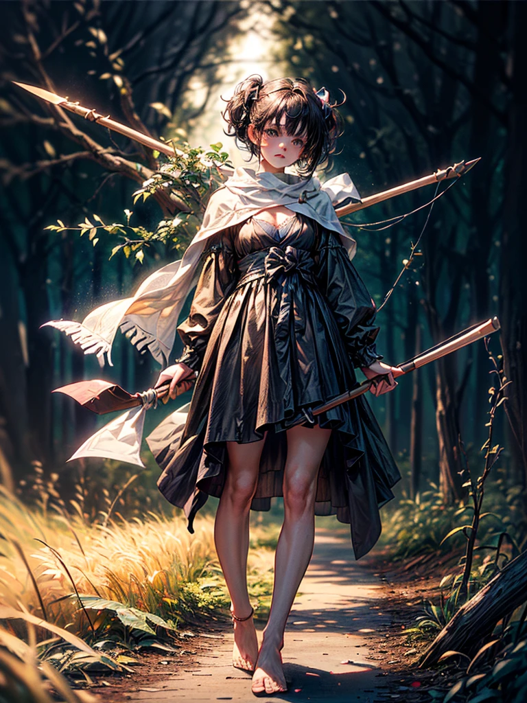  ((((((Obsidian Forest) Dark forest clear background, basic lighting), 1girl, standing, bow and quiver, face not featured, athletic build, ((basic costume:1)), green highlights, brown hair, (mainly brown outfit), bare feet, substancearity:1.1, weathering:1.2, Become and integrated with the environment:0.8)), medium body, standing, facing forward, (plants surrounding), (bosom, rearview), showing interaction between subject and environment:1, taking up space, 20 years old, head slightly tilted, bow and quiver slightly tilted