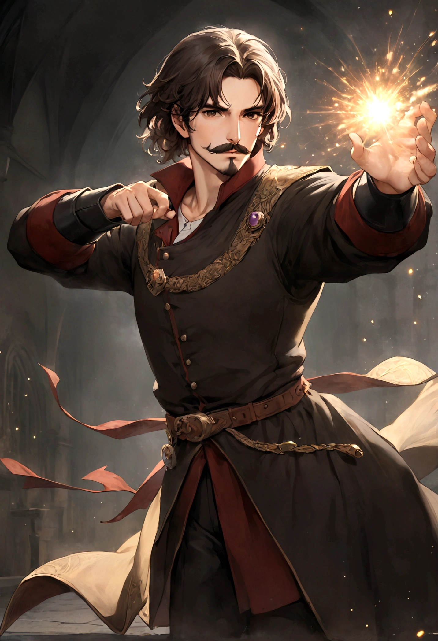 (Una gran armadura medieval para hombre), ), ((bigote estilo Van Dyke y (barba de chivo) "Van Dyke", Van Dyke beard)), (light brown eyes), Aspecto atractivo y serio, ((cabello muy largo oscuro, messy hair)), Elegante y con estilo, armadura, Un hombre maduro similar al actor Jim Morrison con el cabello largo, ((cabello muy largo)), (Imagen realista y de alta calidad), laboratorio medieval, ((La mejor calidad, 8K, obra maestra).((dynamic pose with spells in hand with particles and looking forward, viendo al espectador)), (cabello largo pasando los hombros)