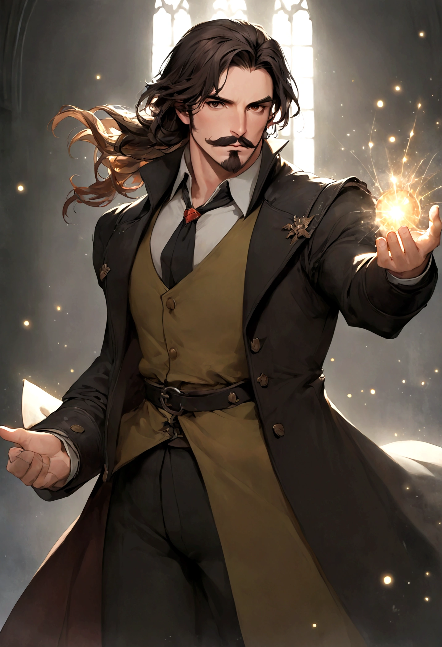 Entire body visible, Hyper-realistic, perfect face, handsome, 30 years old, ultra-detailed, 8k HD resolution. Create a scene of a handsome wizard with beard stubble casting a spell, set against the backdrop of a gothic castle full body visible, while body in frame