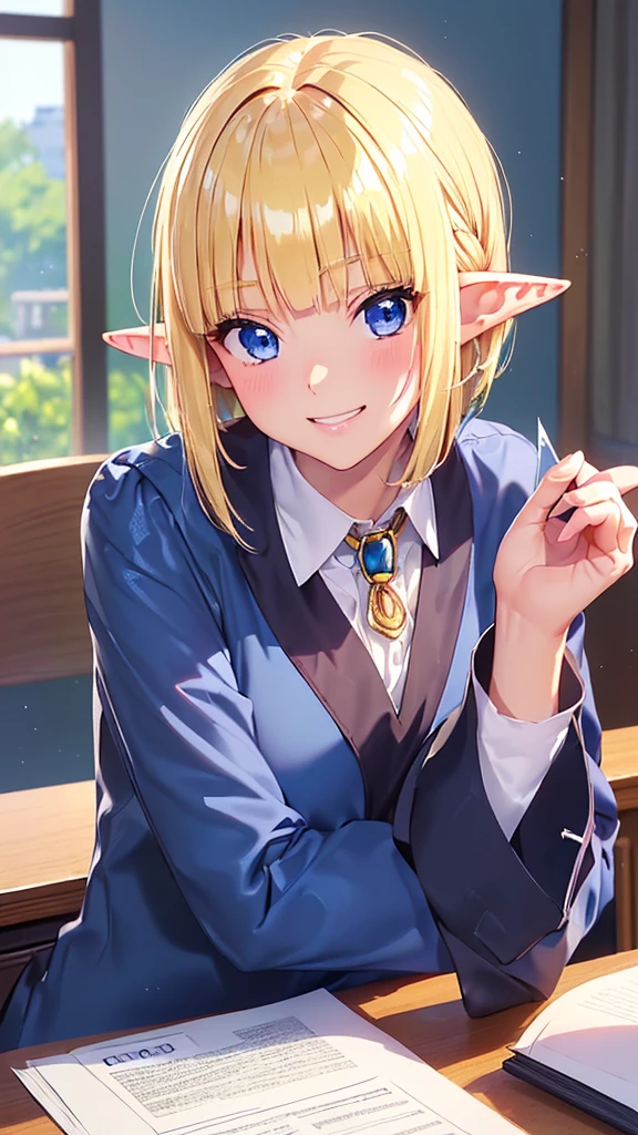 ((Very close))、((Focus on the upper body))、16k、masterpiece、High resolution、High resolution、((****ung elven female))、((Beautiful blonde))、short hair、((Beautiful Blue Eyes))、((Pointy Ears))、Smiling Kindly、Grin、blush、Pink Lip Gloss、((Shiny skin))、((Navy blue long sleeve business suit、Bolo tie))、((Business Office、desk、document))、