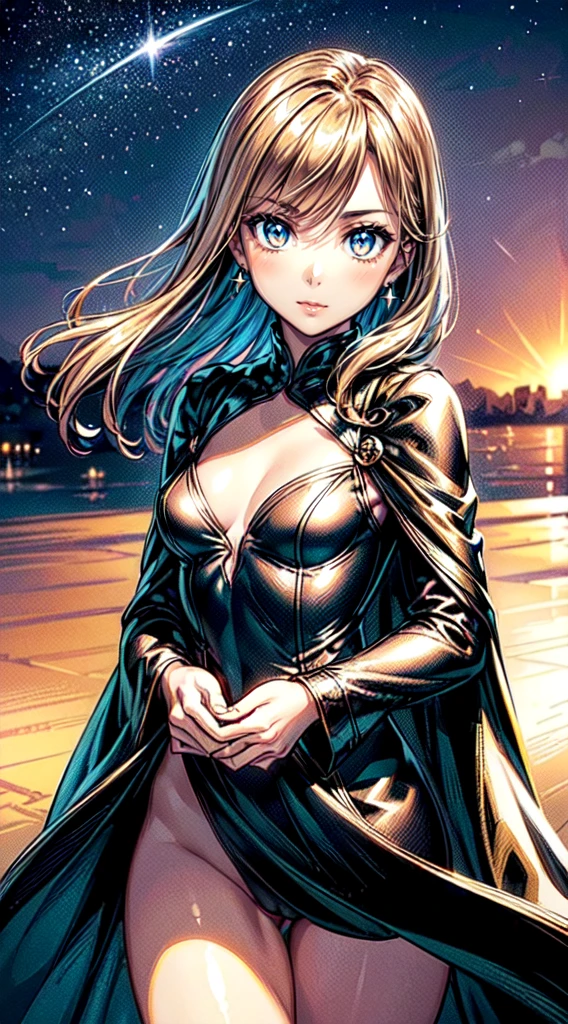 1girl, (((a portrait of the most beautiful girl))), (beautiful face), ultra detailed lips, (beautiful lips), ultra detailed eyes, (beautiful eyes), detailed hair, (beautiful hair), (beautiful neatly styled hair), (beautiful breast), (small vagina), (beautiful ideal proportion body), beautiful detail body, best quality, masterpiece, ultra-high quality, ultra-high resolution, HDR, 8K, cinematic lighting, detail shadows, intricate shadow, Ray tracing, film grain, glare, bokeh, wind, look at viewer, Sharp focus, (hyperdetailed:1.15), (cowboy shot:1.5), (close up), (standing), solo, beautiful angle body facing in front of the viewer side way, (beautiful fancy styled artistic royal long black and white dress:1.1), (both beautiful mixture of color black and white clothes:1.1), (beautiful gold buttons:1.1), (beautiful cape), (beautiful Very tight press body clothes), (beautiful Crop out open burst clothes), (beautiful Crop out open burst side body clothes,) (beautiful crop out open burst breast body clothes), (beautiful small size gold styled artistic royal fancy earrings,) (beautiful very long orange hair), (beautiful hazel eyes),(beautiful great big royal castle in background:1.1), (beautiful ocean background), (beautiful starry sky), (beautiful happy serene expression), (beautiful little shooting star at the sky background), (beautiful soft lighting), (beautiful dark midnight time), (windy)