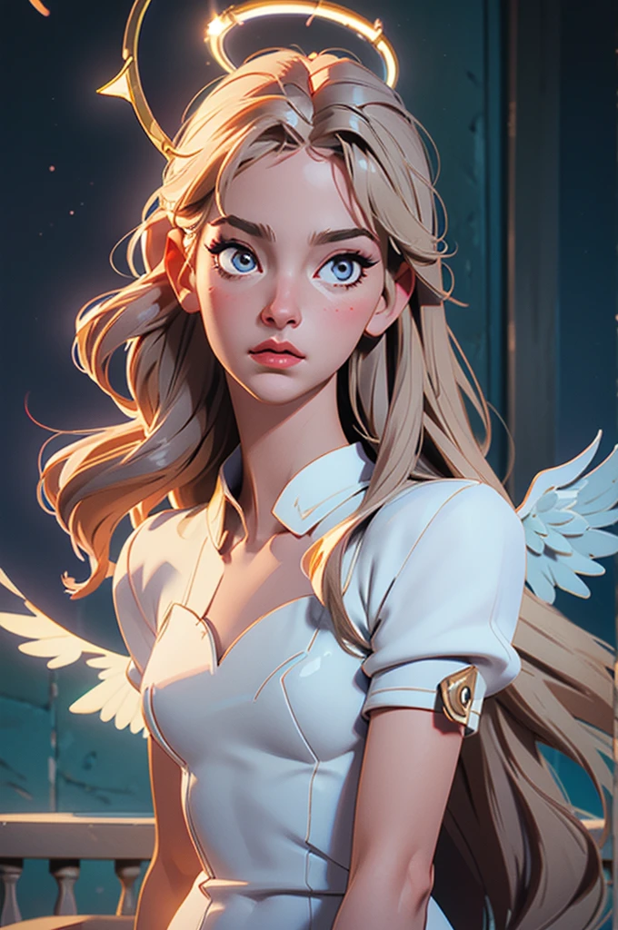 ((best quality)), ((realistic,digital art)), (hyper detailed) a beautiful angel woman with halo of light, semi-nude, intricate detailed face, delicate facial features, porcelain skin, ethereal, serene expression, elegant pose, feathered wings, graceful, divine, shimmering light effects, cinematic lighting, chiaroscuro, dramatic shadows, muted color palette, romantic, dreamlike, mystical