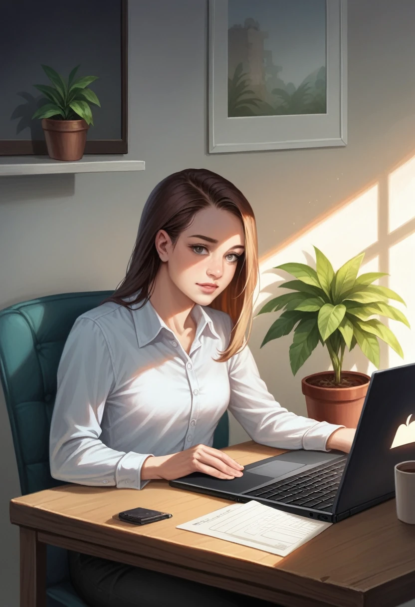 a young woman working on a laptop, home office setting, intricate details, photorealistic, cinematic lighting, natural colors, warm tones, detailed face, elegant hairstyle, casual outfit, focused expression, cozy atmosphere, clean desk, potted plants, warm wooden furniture, soft shadows, natural lighting, high quality, 8k, ultra-detailed, masterpiece