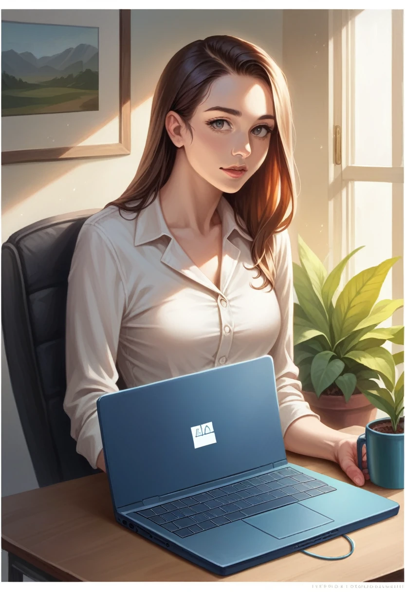 a young woman working on a laptop, home office setting, intricate details, photorealistic, cinematic lighting, natural colors, warm tones, detailed face, elegant hairstyle, casual outfit, focused expression, cozy atmosphere, clean desk, potted plants, warm wooden furniture, soft shadows, natural lighting, high quality, 8k, ultra-detailed, masterpiece