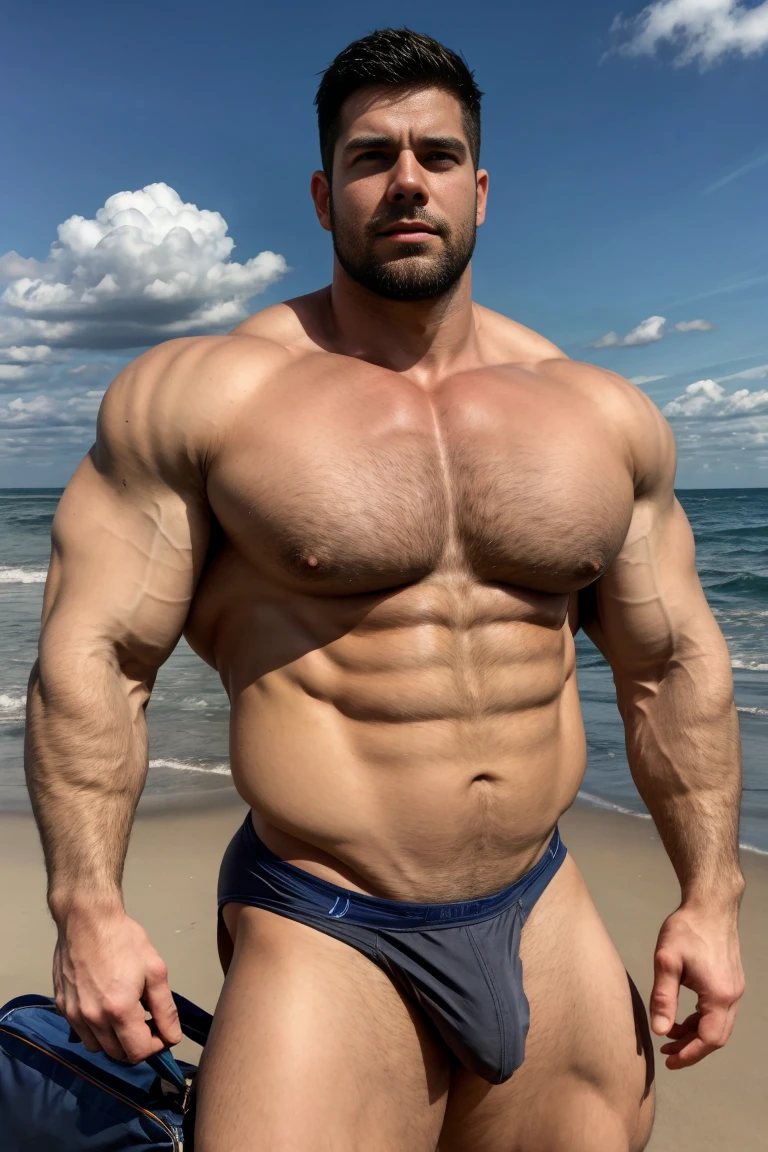Ultra wide angle,Medium shot of two handsome guys,plump breasts,Swelling of chest muscles,Full chest muscles,Swelling of chest muscles,Sweating,Skin is moisturized and shiny,(face slimming),Small head,short hair,beard,Sexy and charming expression,Gloomy eyes,blue eyes,Naughty and cool,Handsome and cool guy, (Topless), ultra thin pantyhose,Big bag highlights,(Full chest muscles),(breast muscle swelling),Chest and belly hair,Topless,Skin smooth and hydrated,fiery, Super Sexy, Behind him is the sea, standing on a sandy beach by the ocean,There are flying fish and dolphins in the water,of a Topless, member, Very sexy,Blue sky and white clouds, member, Looks hot, intense smoldering, Attractive and good looking, 30 years old, Attractive man, Sexy masculine, 8k Reality, Ultra-detailed photos, Bulger j8,Perfect hand details,Perfect facial details