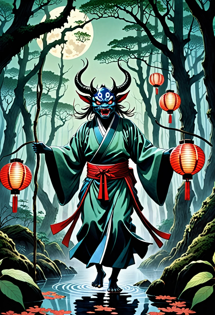 "A highly detailed and realistic depiction of Hyakki Yagyō, the Night Parade of One Hundred Demons from Japanese folklore. The scene is set in a dark, eerie night with a full moon illuminating the sky. Various yokai (Japanese spirits and demons) are marching through an ancient, misty forest. Each yokai is intricately designed with unique features, showcasing a mix of grotesque, mysterious, and fantastical elements. The environment is filled with shadows, old, gnarled trees, and traditional Japanese lanterns casting a dim, flickering light. The atmosphere is haunting, ominous, and heavy with a sense of impending danger, capturing the essence of ancient Japanese mythology.
In the foreground, Nurarihyon, the supreme commander of the yokai, is leading the parade, wearing a luxurious yet eerie kimono and carrying a fan with an unsettling pattern. His expression is calm but menacing. Behind him, the Tengu, with their red faces and long noses, are flying through the air with their large, feathered wings, creating an unsettling rustling sound.
A group of Kappa, turtle-like water demons, are lurking near a stream, their eyes glowing with a sinister light in the darkness. The Rokurokubi, women with elongated necks, are twisting and turning as they move, their eyes wide with a malevolent gleam. The Jorogumo, a spider woman, is spinning her web between the trees, her lower body that of a giant spider, her eyes glinting with malice.
An Oni, a large, fearsome ogre with red skin and horns, is stomping through the forest, carrying a massive club, its growls echoing through the trees. In the background, the forest is filled with Hitodama, floating blue and green will-o'-the-wisps, their eerie light adding to the otherworldly atmosphere. The ground is covered in fallen leaves and the twisted roots of ancient trees, with wisps of fog drifting through the scene.
Traditional Japanese houses with tiled