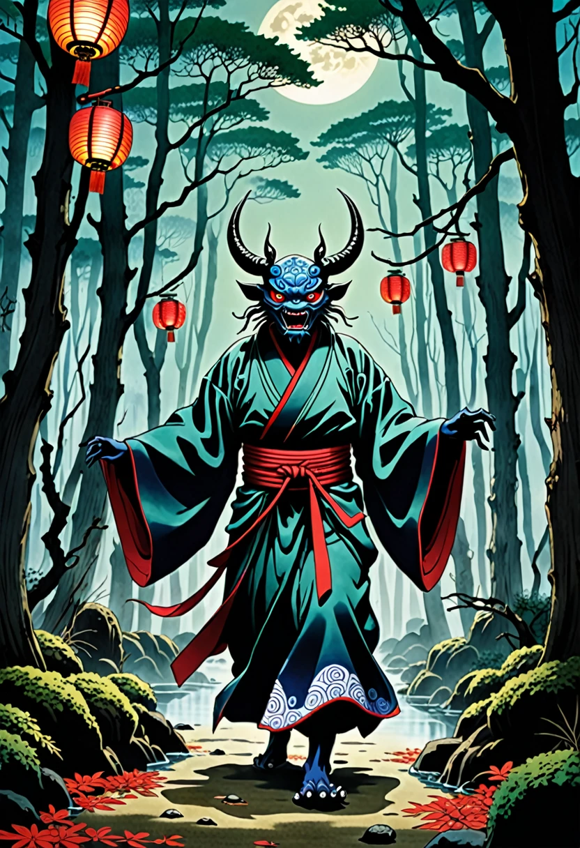 
"A highly detailed and realistic depiction of Hyakki Yagyō, the Night Parade of One Hundred Demons from Japanese folklore. The scene is set in a dark, eerie night with a full moon illuminating the sky. Various yokai (Japanese spirits and demons) are marching through an ancient, misty forest. Each yokai is intricately designed with unique features, showcasing a mix of grotesque, mysterious, and fantastical elements. The environment is filled with shadows, old, gnarled trees, and traditional Japanese lanterns casting a dim, flickering light. The atmosphere is haunting, ominous, and heavy with a sense of impending danger, capturing the essence of ancient Japanese mythology.

In the foreground, Nurarihyon, the supreme commander of the yokai, is leading the parade, wearing a luxurious yet eerie kimono and carrying a fan with an unsettling pattern. His expression is calm but menacing. Behind him, the Tengu, with their red faces and long noses, are flying through the air with their large, feathered wings, creating an unsettling rustling sound.

A group of Kappa, turtle-like water demons, are lurking near a stream, their eyes glowing with a sinister light in the darkness. The Rokurokubi, women with elongated necks, are twisting and turning as they move, their eyes wide with a malevolent gleam. The Jorogumo, a spider woman, is spinning her web between the trees, her lower body that of a giant spider, her eyes glinting with malice.

An Oni, a large, fearsome ogre with red skin and horns, is stomping through the forest, carrying a massive club, its growls echoing through the trees. In the background, the forest is filled with Hitodama, floating blue and green will-o'-the-wisps, their eerie light adding to the otherworldly atmosphere. The ground is covered in fallen leaves and the twisted roots of ancient trees, with wisps of fog drifting through the scene.

Traditional Japanese houses with tiled