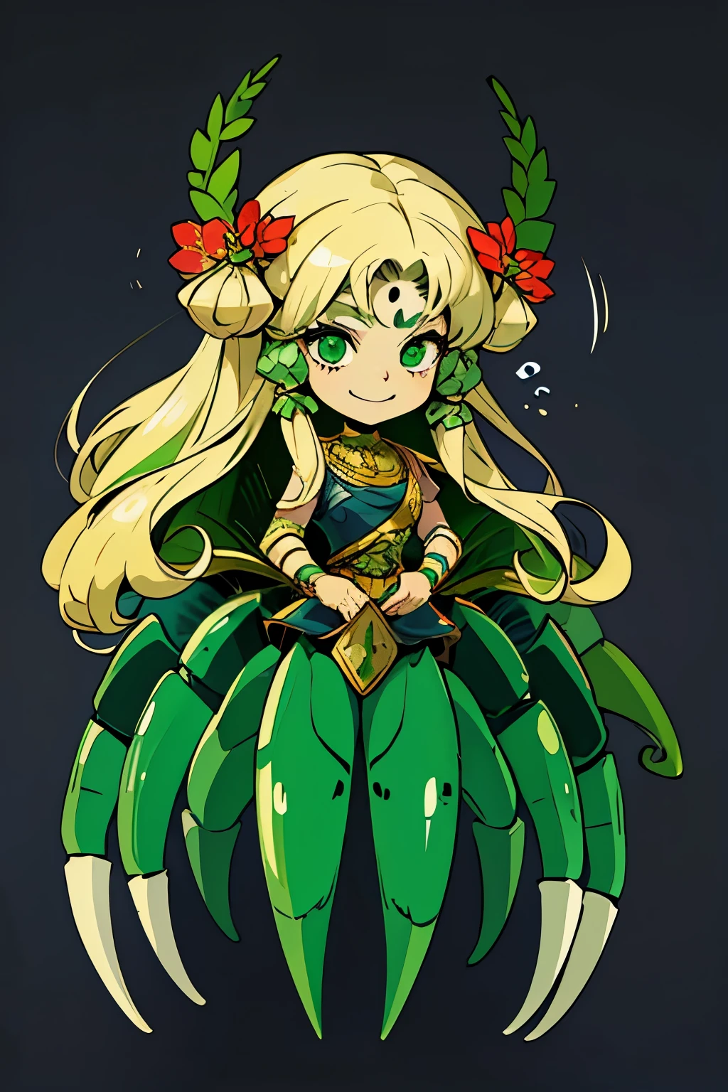 1girl, young, , 6 years i, komusume, flat chest, blonde long hair, green clothes, green eyes, innocent expresion, smiling, arachnid style, spider body, background filled fumes, Tartarus scenery, in Tartarus, surrounded by giant greek columns, greek scenery and furniture, main character, hades style, Arachne, spider legs coming from her back