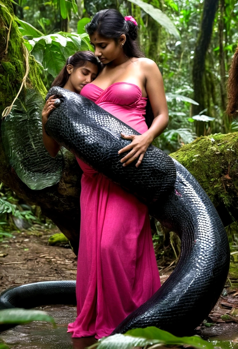 Pregnant Topless  pink thong wearing aroused horny beautiful happy young Indian  girl vs  Giant black anaconda monster wrapped around her body squeezing her in coiled embrace cuddling and kissing  sexual erotic bestiality  sex  realistic in the rainforest full body, best quality wet 