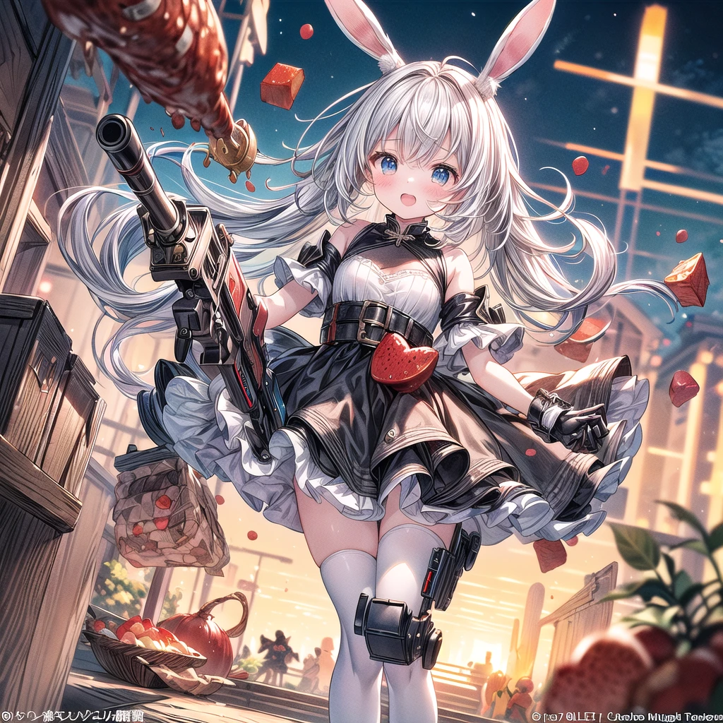 1girl、[17277fbe68],minaba hideo、High quality、Maximum detail、(((Highest quality、最高masterpiece、Official Art、The best dynamic composition)))、(Fine hair)、(Tabletop, Highest quality), Super detailed, Anime Style, whole body, (masterpiece), Highest quality, Fantasy art, many  girls in red Food and dress holding weapon at wonderland, (((everyone wearing red Food))), Bunny ears, Ammunition belt, gun, machine gun, gatling gun, hand gun,weapons, (red_Food:1.5)